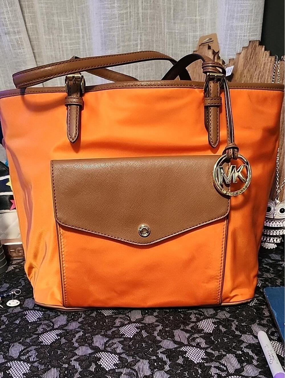 Michael Kors Orange and Brown Nylon Tote with MK Charm
